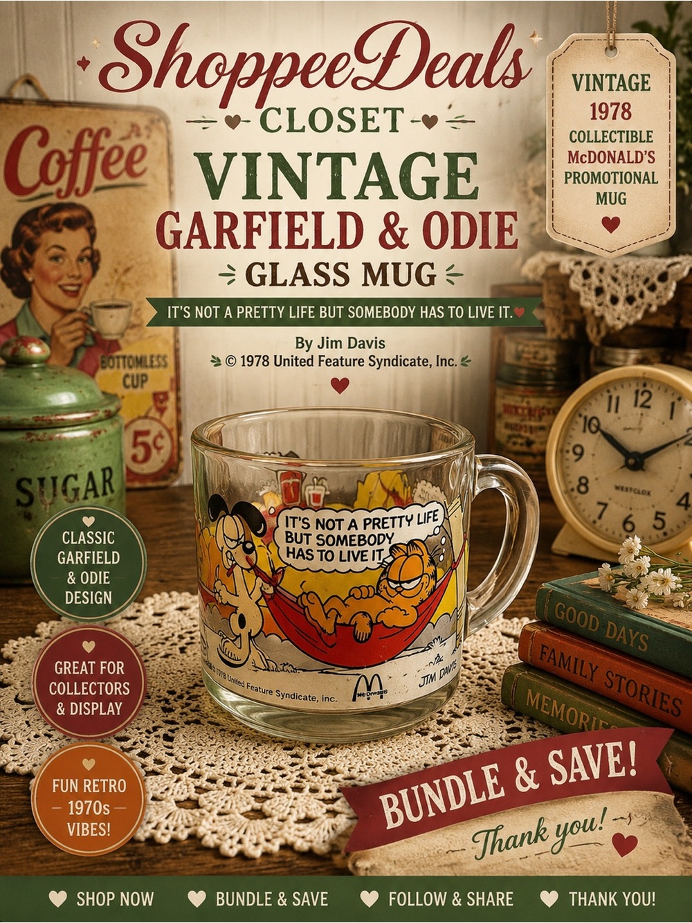 Vintage 1978 Garfield & Odie Glass Mug “It’s Not a Pretty Life” Jim Davis
